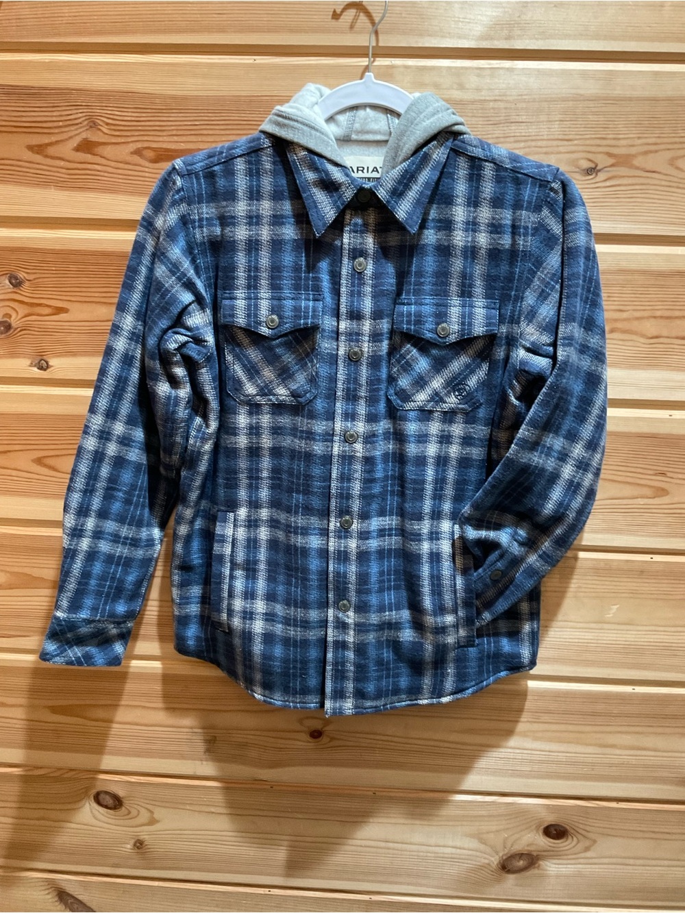 Ariat Blue and Gray Plaid Button-Down with Hood